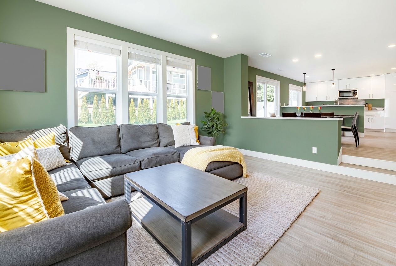 Living room after painting — sage green walls
